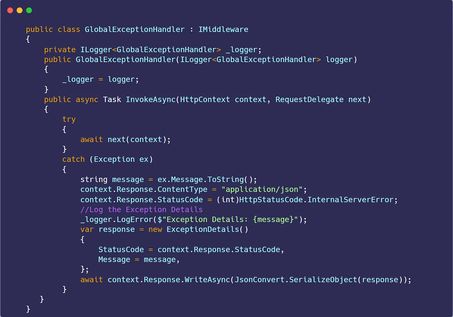 How to implement global exception handling in .NET Core.